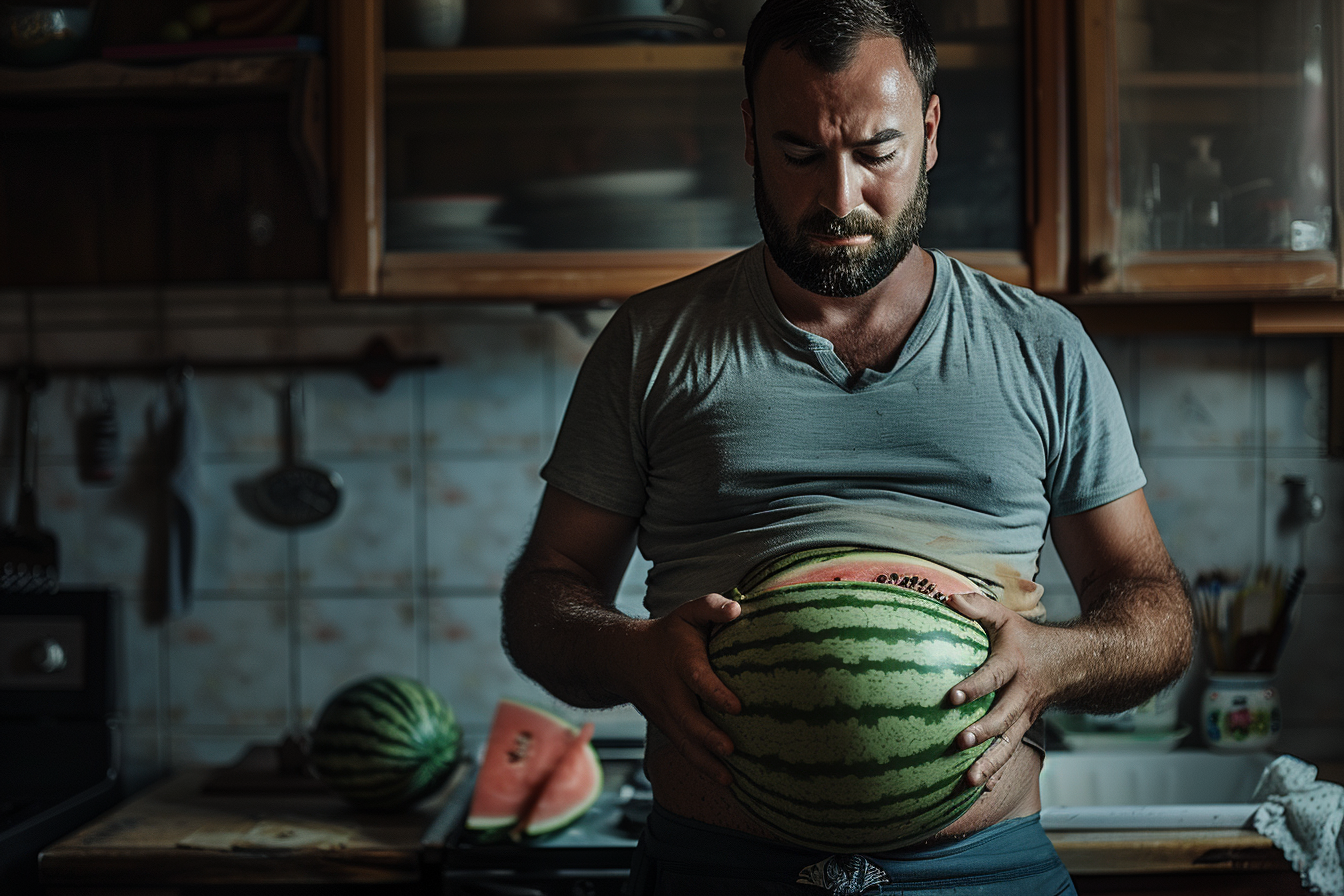 Zmęczony facet, który używa arbuza, żeby udawać ciążę | Źródło: Midjourney