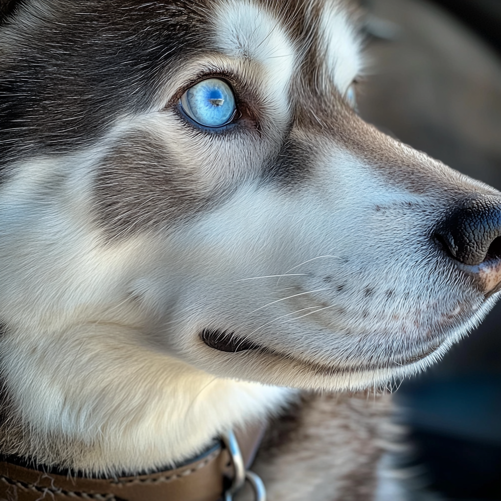 Zbliżenie na husky’ego z obrożą | Źródło: Midjourney