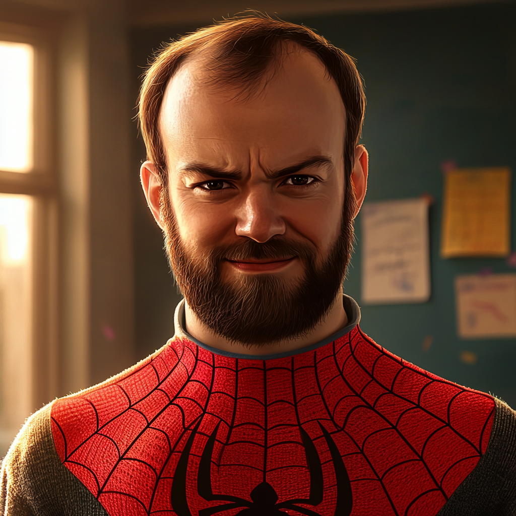 Nauczyciel w klasie w swetrze z motywem Spider-Mana | Źródło: Midjourney