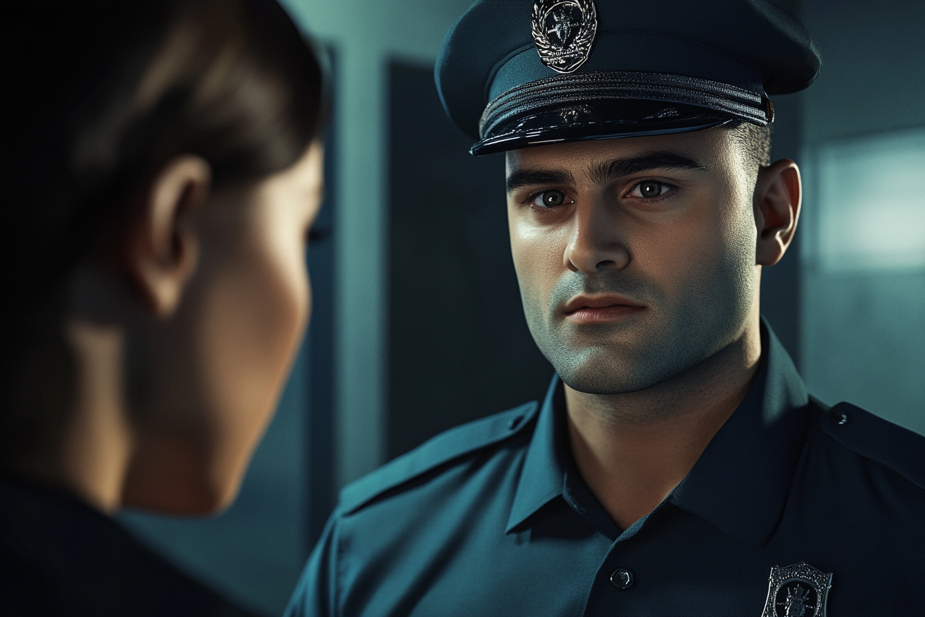 Ochroniarz rozmawiający z kobietą | Źródło: Midjourney
