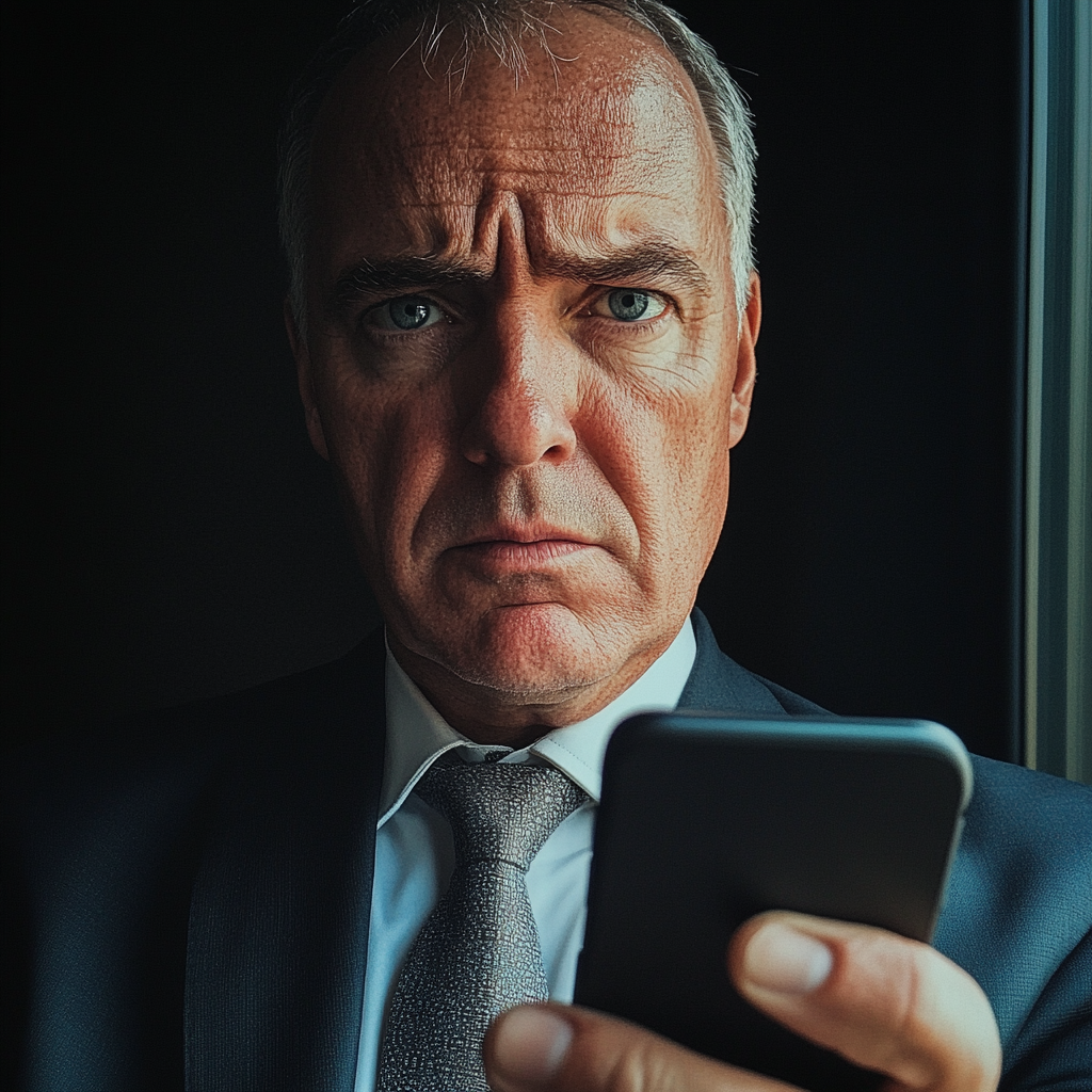 Facet trzymający telefon i wyglądający na zmartwionego | Źródło: Midjourney