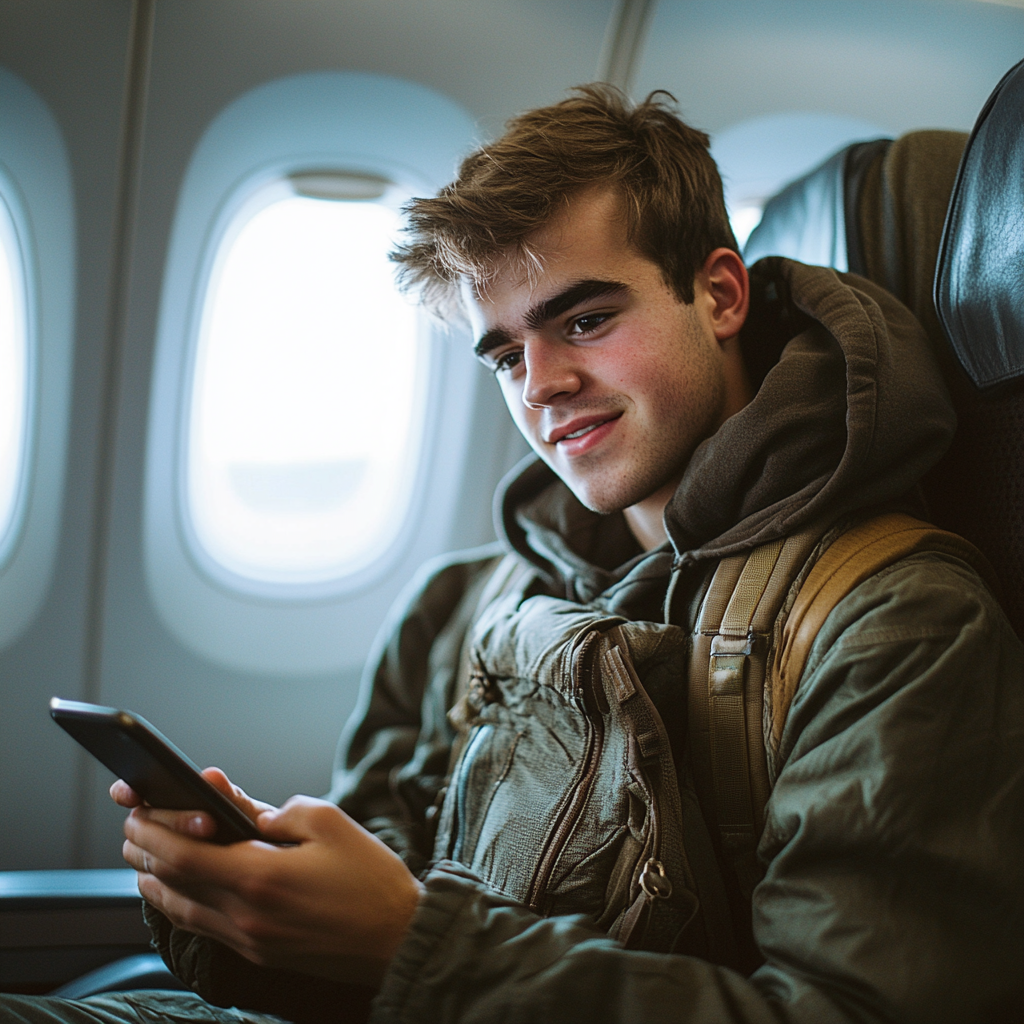 Szczęśliwy mężczyzna piszący SMS-a podczas lotu | Źródło: Midjourney