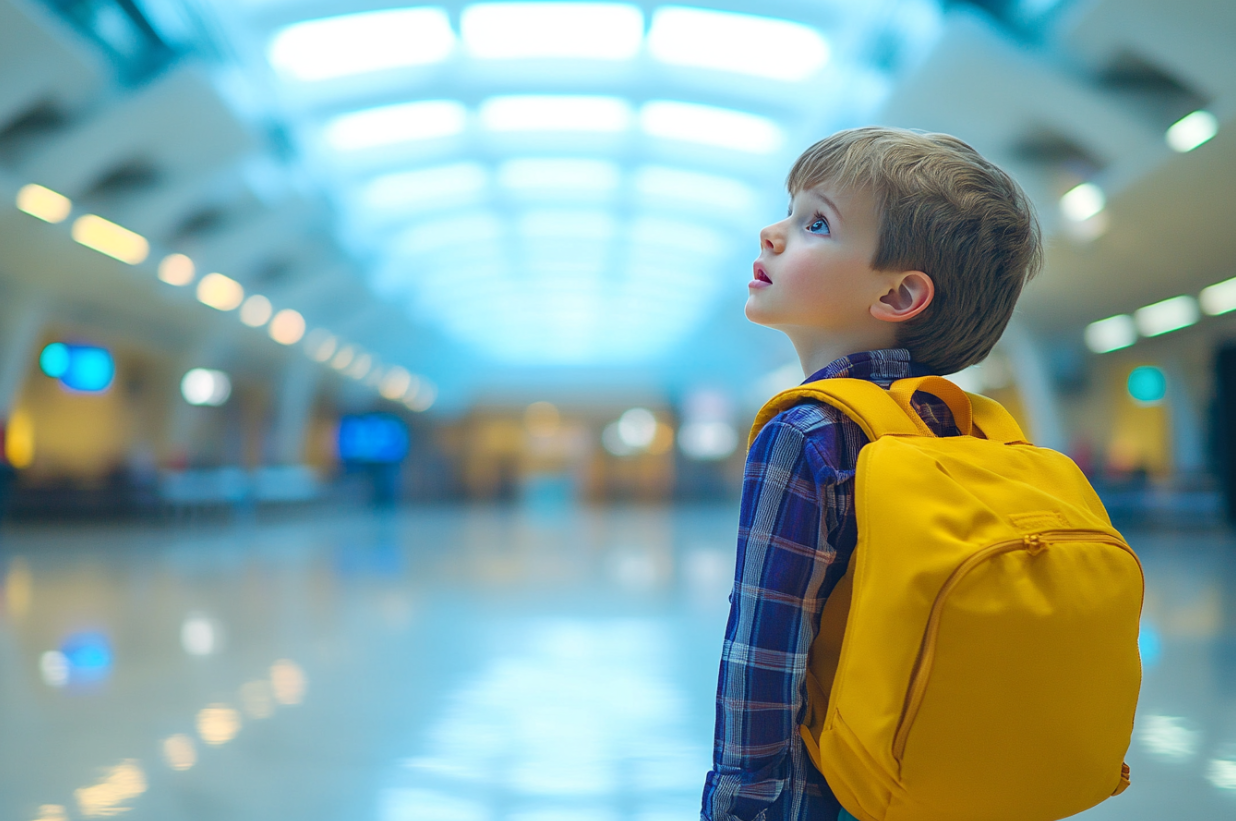 Smutny chłopak na lotnisku | Źródło: Midjourney