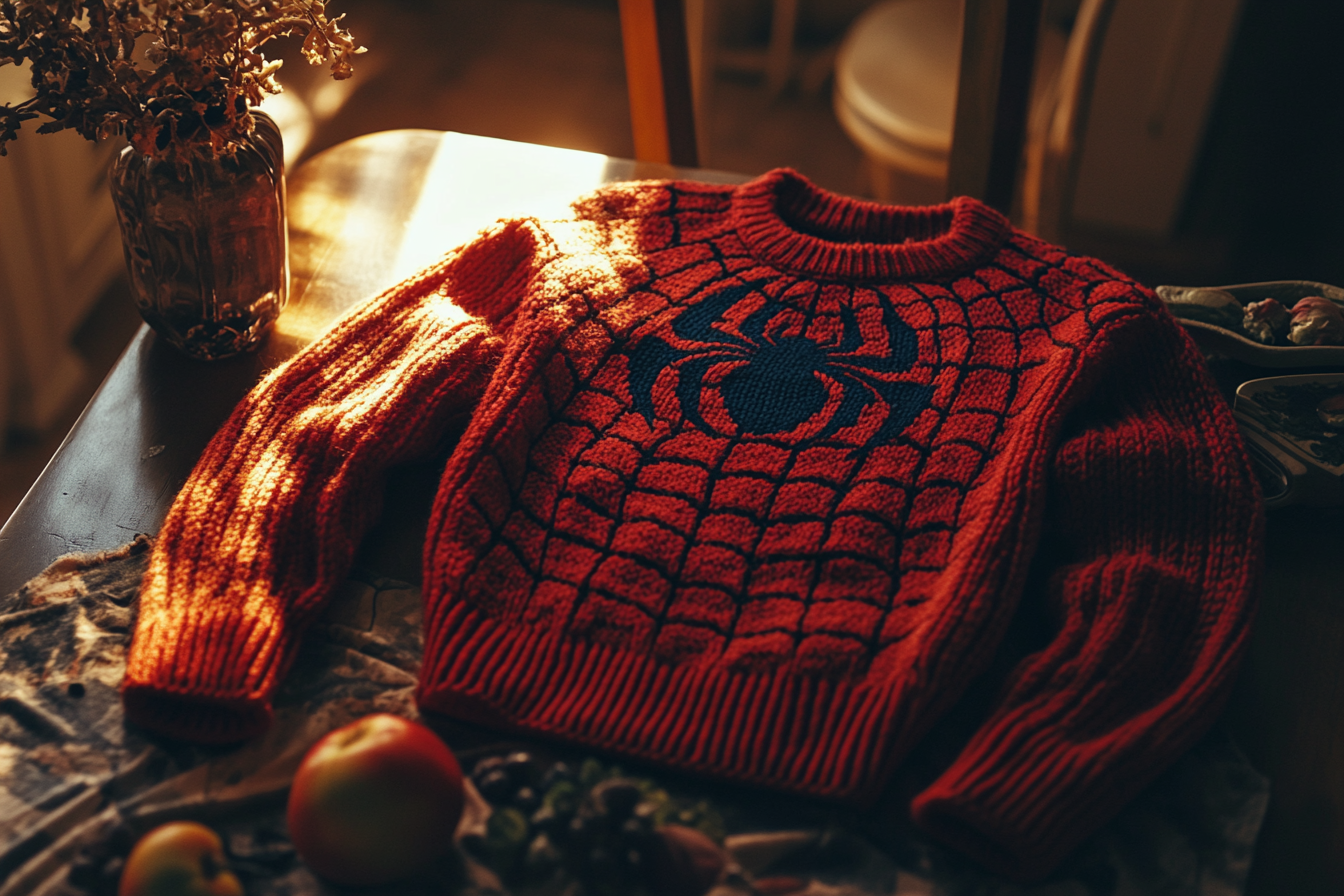 Dzianina z motywem Spider-Mana leżąca na stole | Źródło: Midjourney