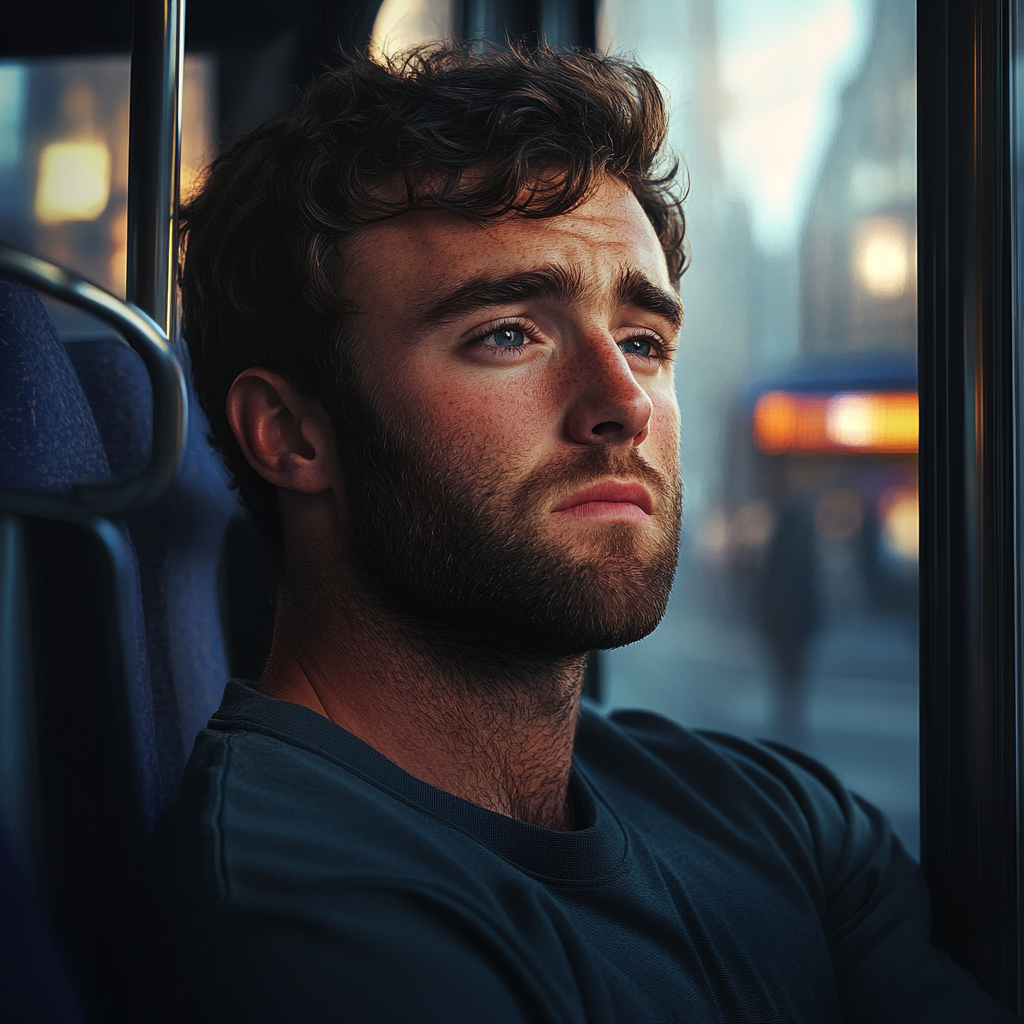Smutny mężczyzna siedzący w autobusie | Źródło: Midjourney