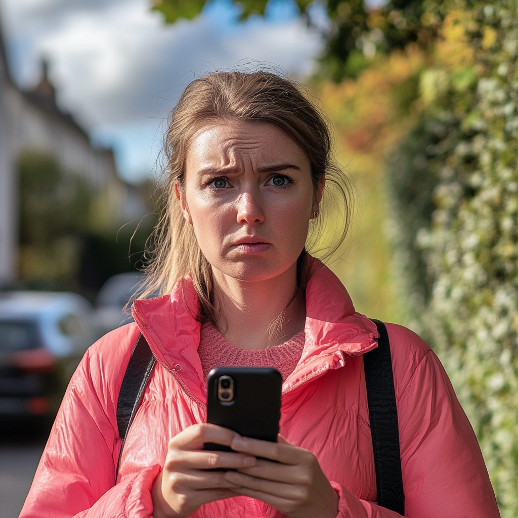 Kobieta trzymająca telefon i marszcząca brwi | Źródło: Midjourney
