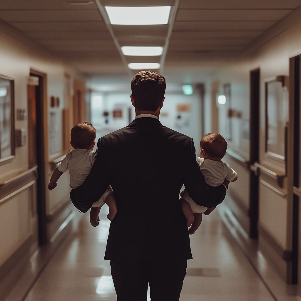 Facet wychodzący ze szpitala z dwójką niemowląt na rękach | Źródło: Midjourney