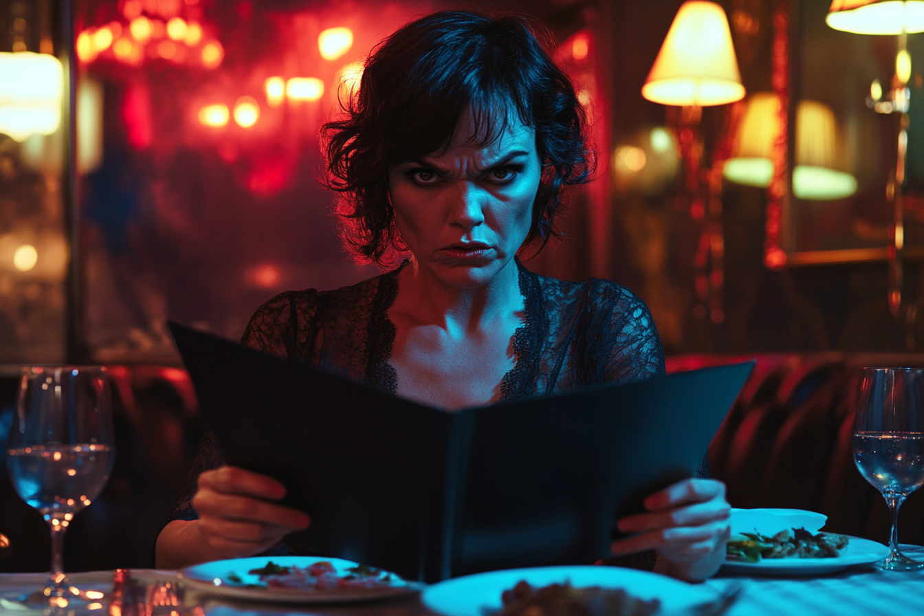 Zła kobieta patrząca na menu restauracji | Źródło: Midjourney