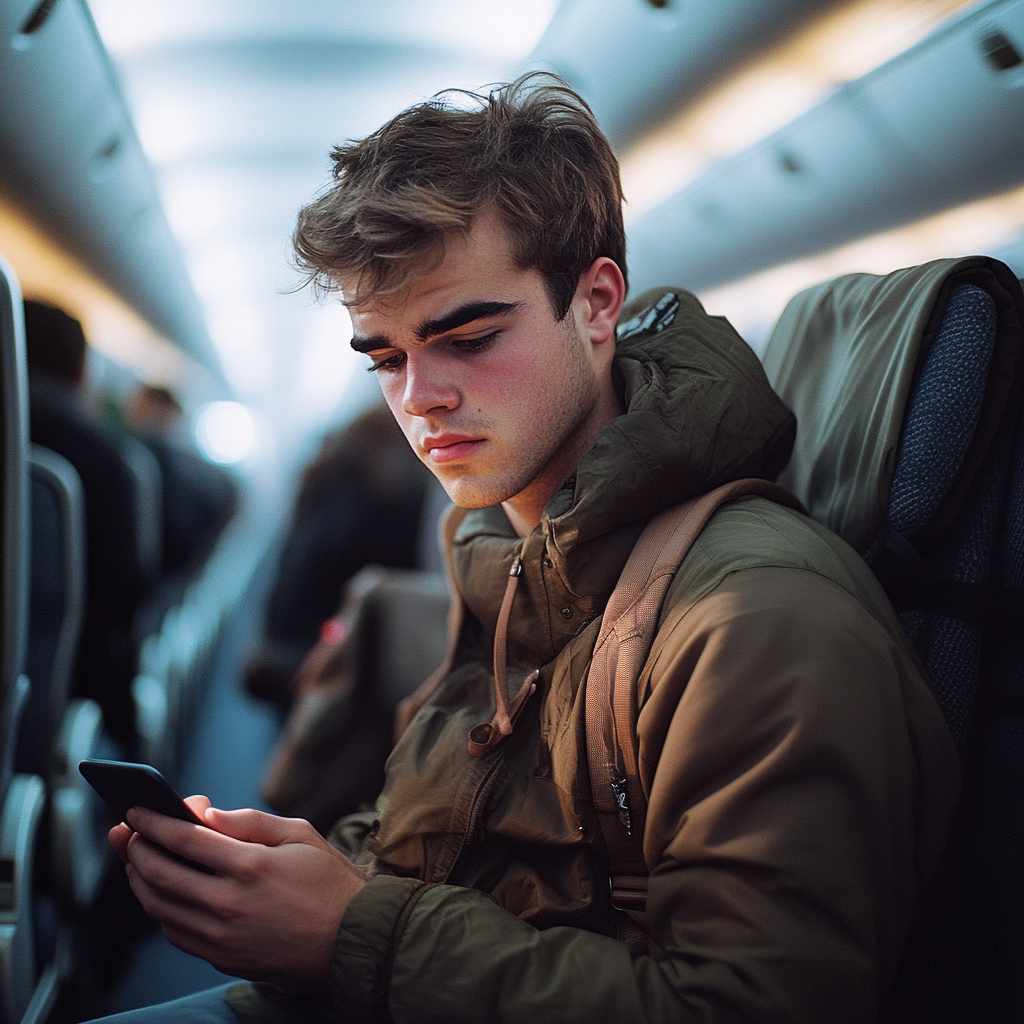 Mężczyzna przeglądający telefon na pokładzie samolotu | Źródło: Midjourney