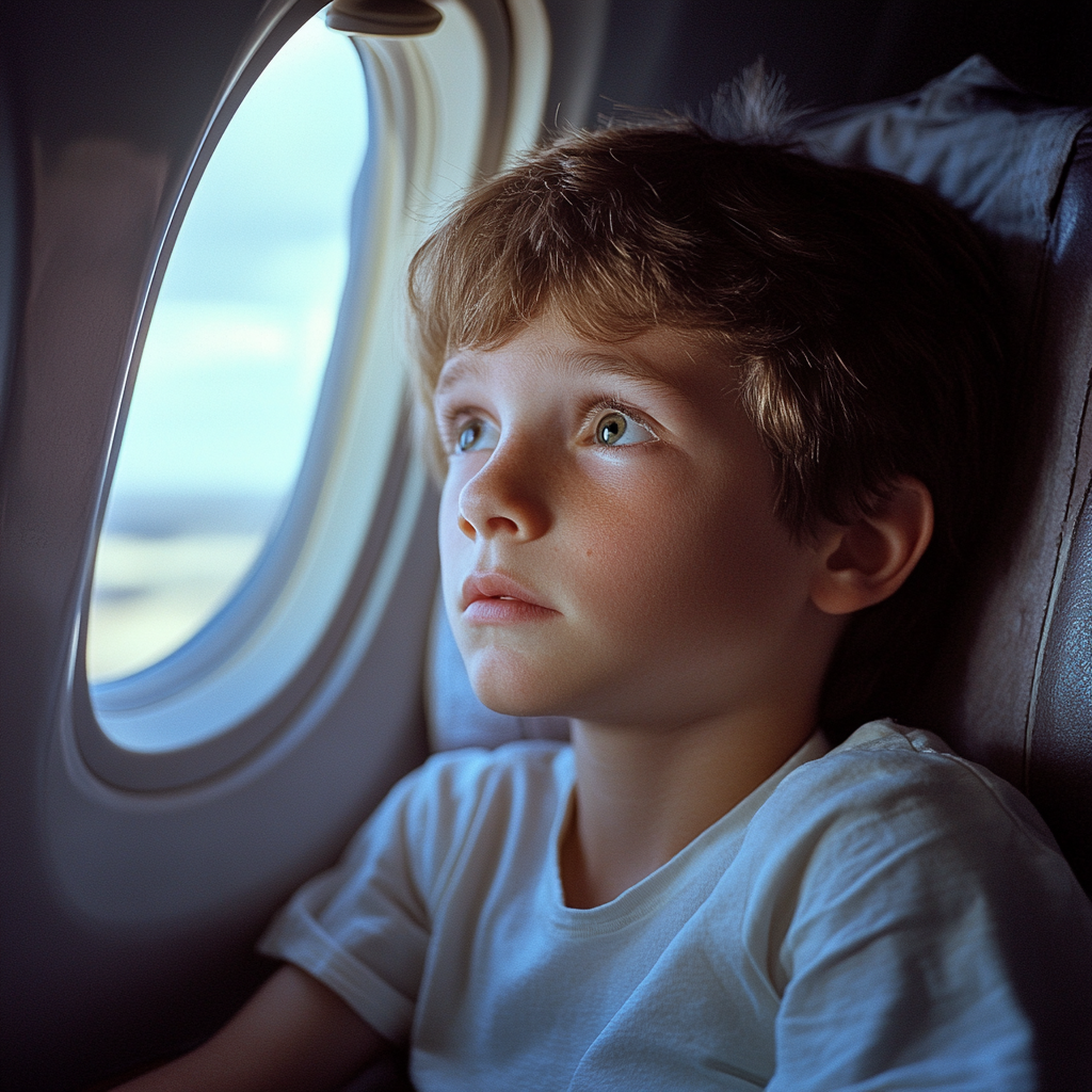 Zdenerwowany mały chłopiec siedzący na swoim miejscu w samolocie | Źródło: Midjourney