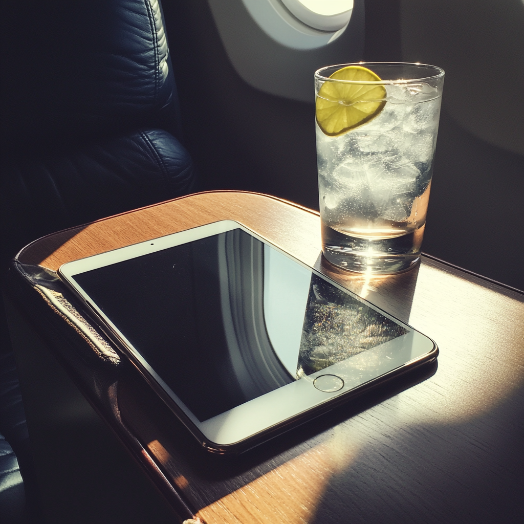 iPad i napój na stoliku w samolocie | Źródło: Midjourney