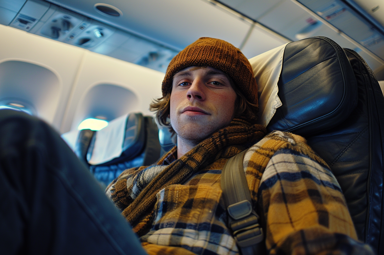 Mężczyzna w samolocie | Źródło: Midjourney