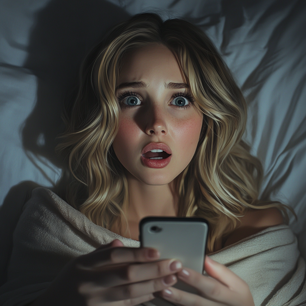 Zaskoczona kobieta w łóżku, trzymająca telefon | Źródło: Midjourney