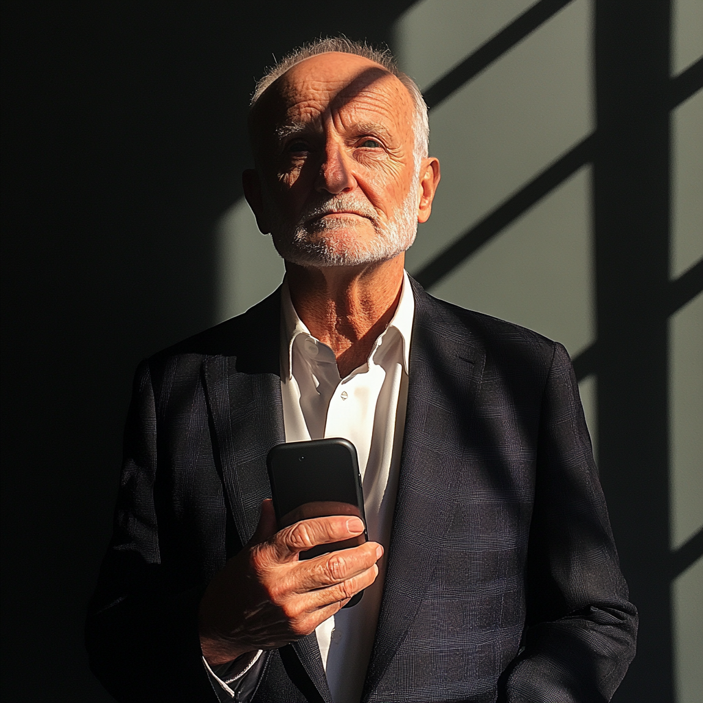 Facet trzymający telefon | Źródło: Midjourney