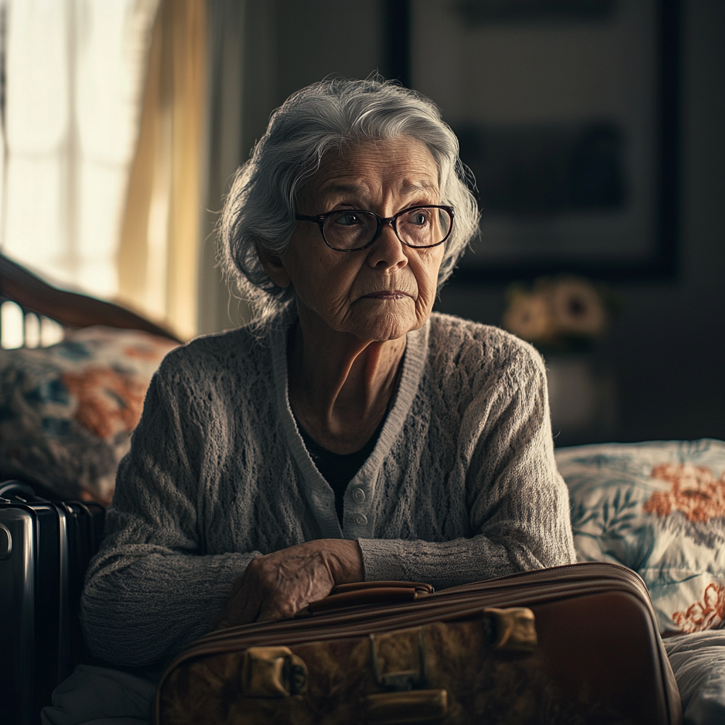 Smutna seniorka opierająca dłonie na spakowanych walizkach | Źródło: Midjourney
