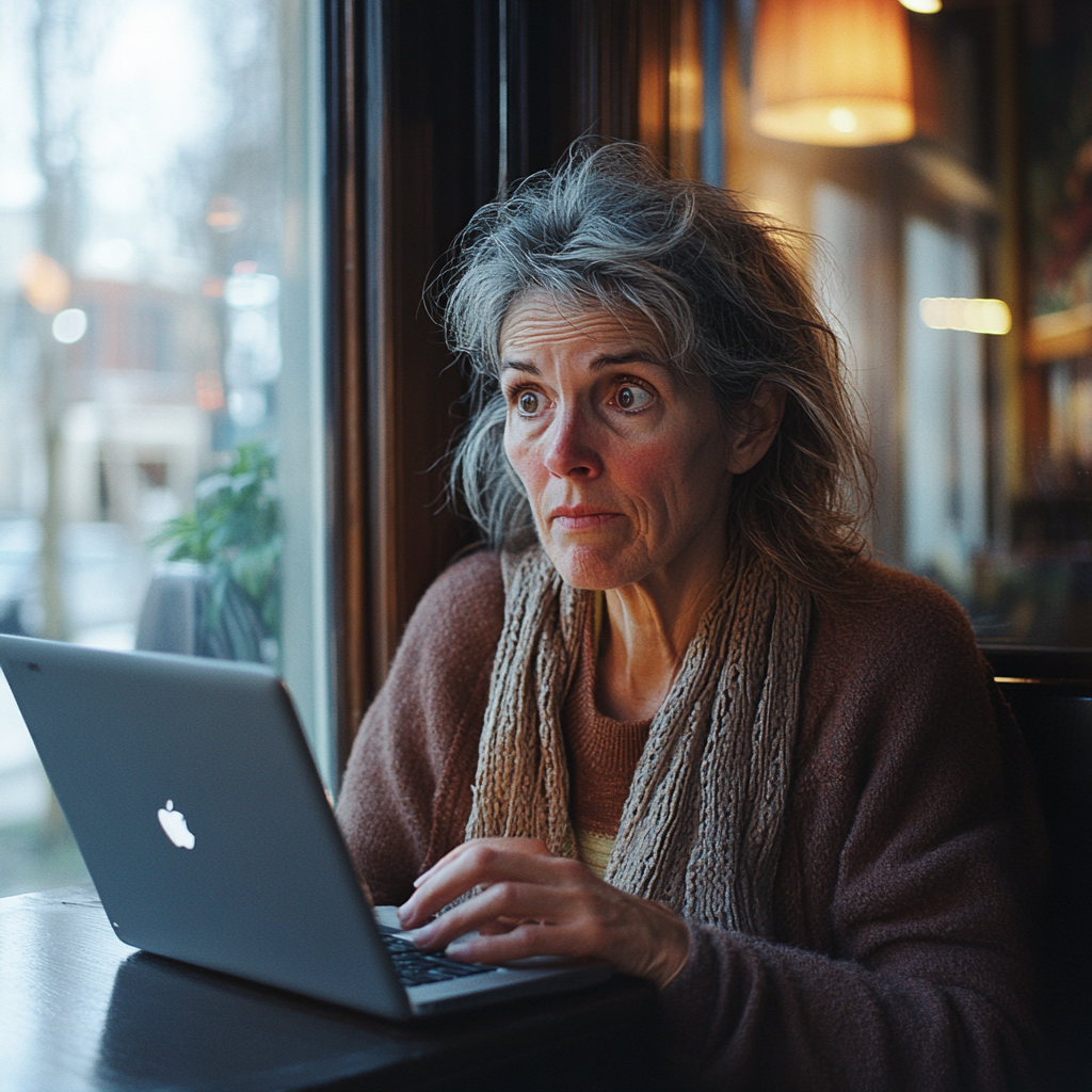 Kobieta patrząca na laptopa w kawiarni | Źródło: Midjourney