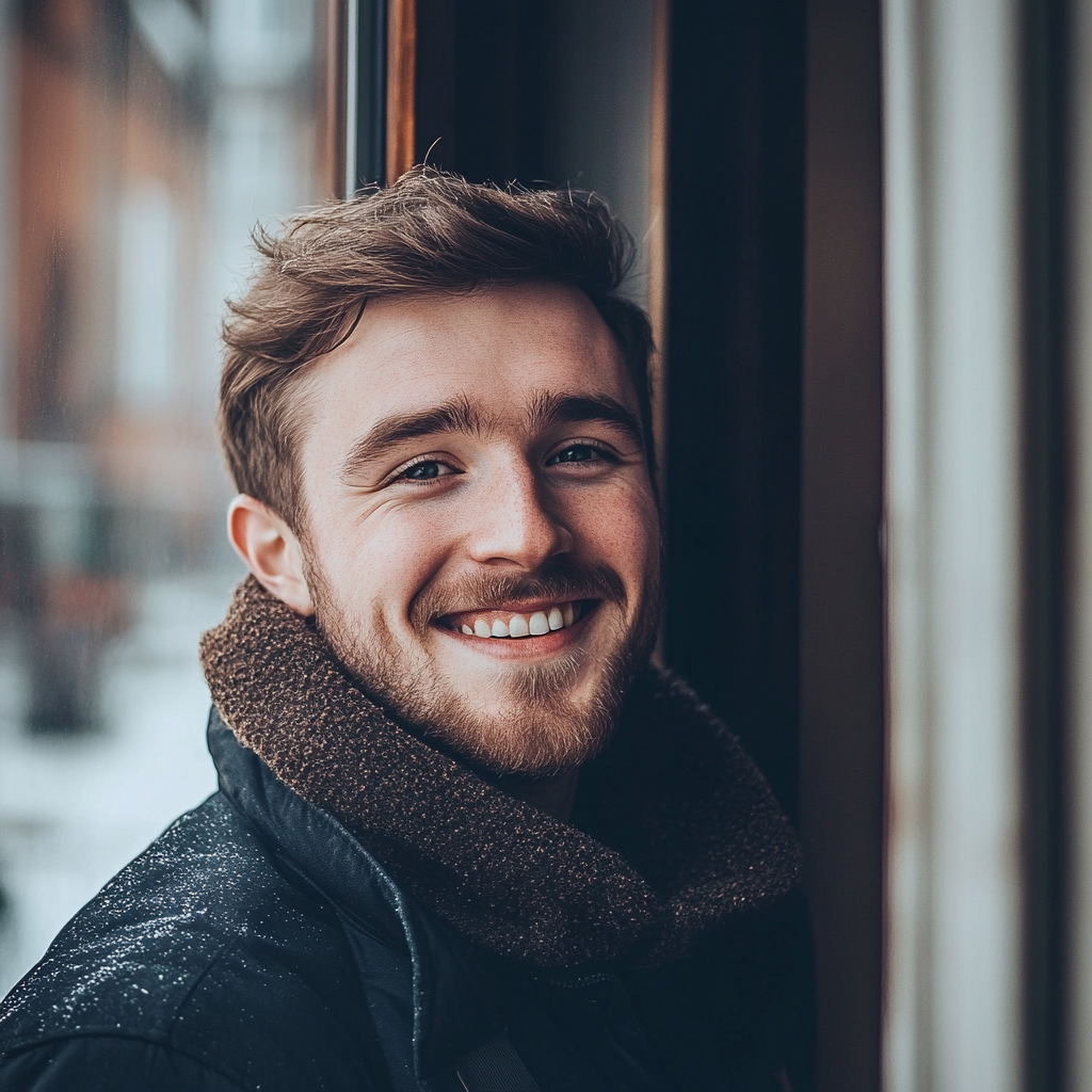 Uśmiechnięty mężczyzna przy drzwiach mieszkania | Źródło: Midjourney