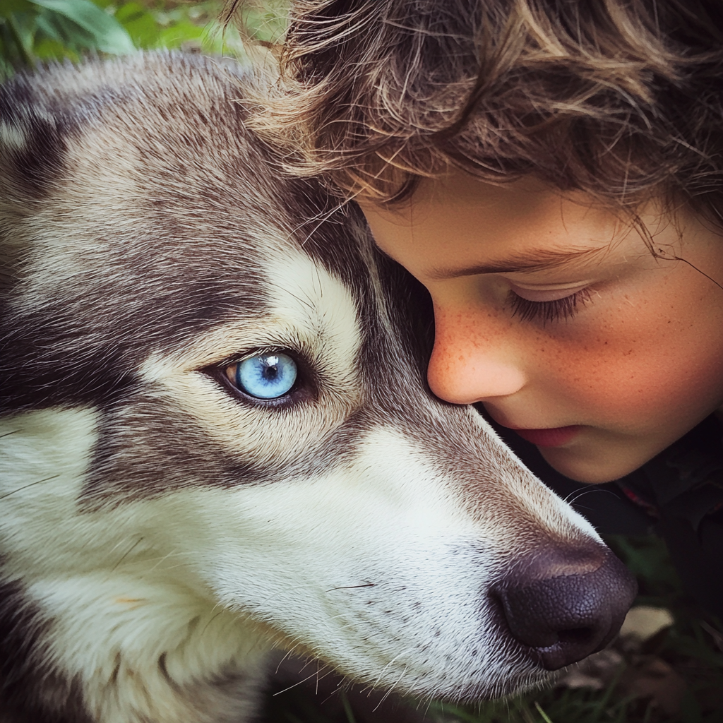 Mały chłopiec i husky | Źródło: Midjourney