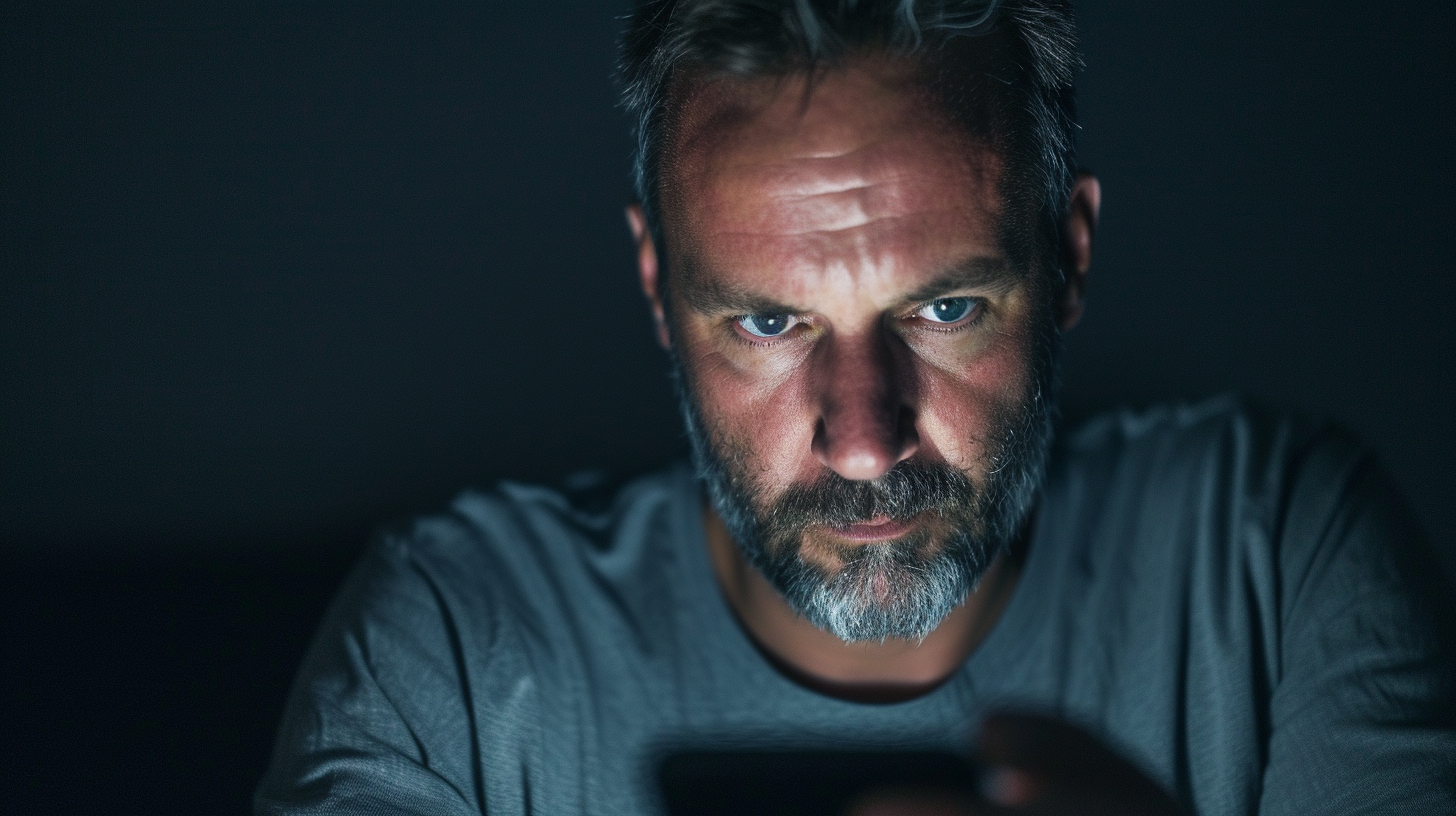 Facet patrzący na swój telefon | Źródło: Midjourney
