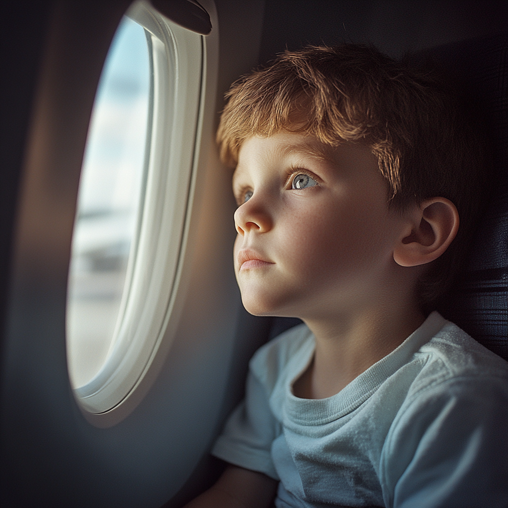 Mały chłopiec patrzący przez okno samolotu | Źródło: Midjourney
