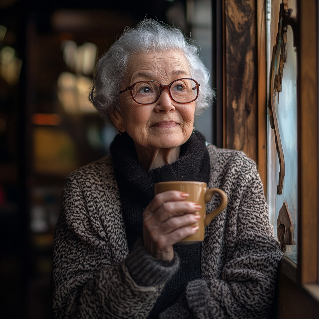Szczęśliwa seniorka popijająca kawę | Źródło: Midjourney