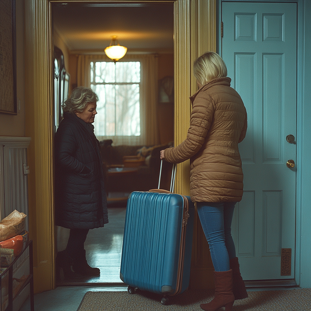 Młoda kobieta wciąga do domu swojej mamy ogromną niebieską walizkę | Źródło: Midjourney