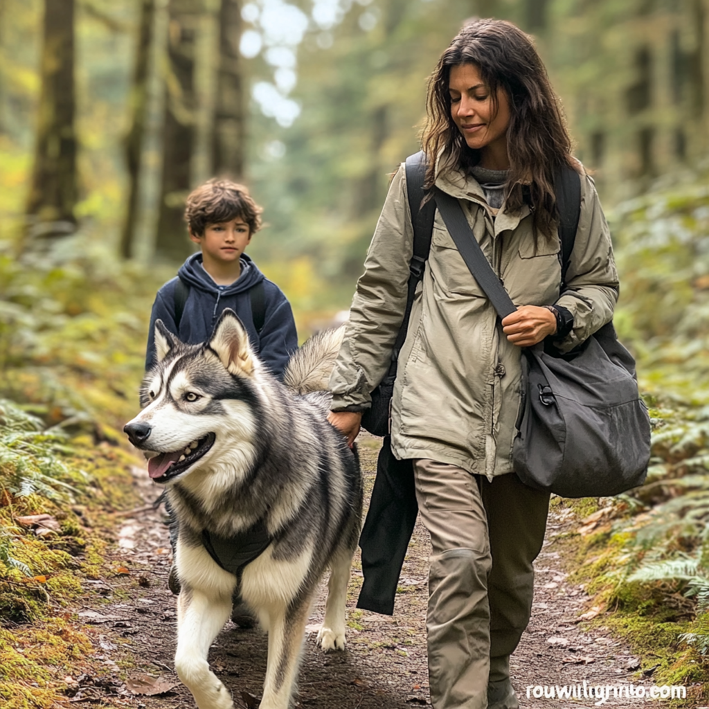 Kobieta idąca do lasu z synem i husky | Źródło: Midjourney