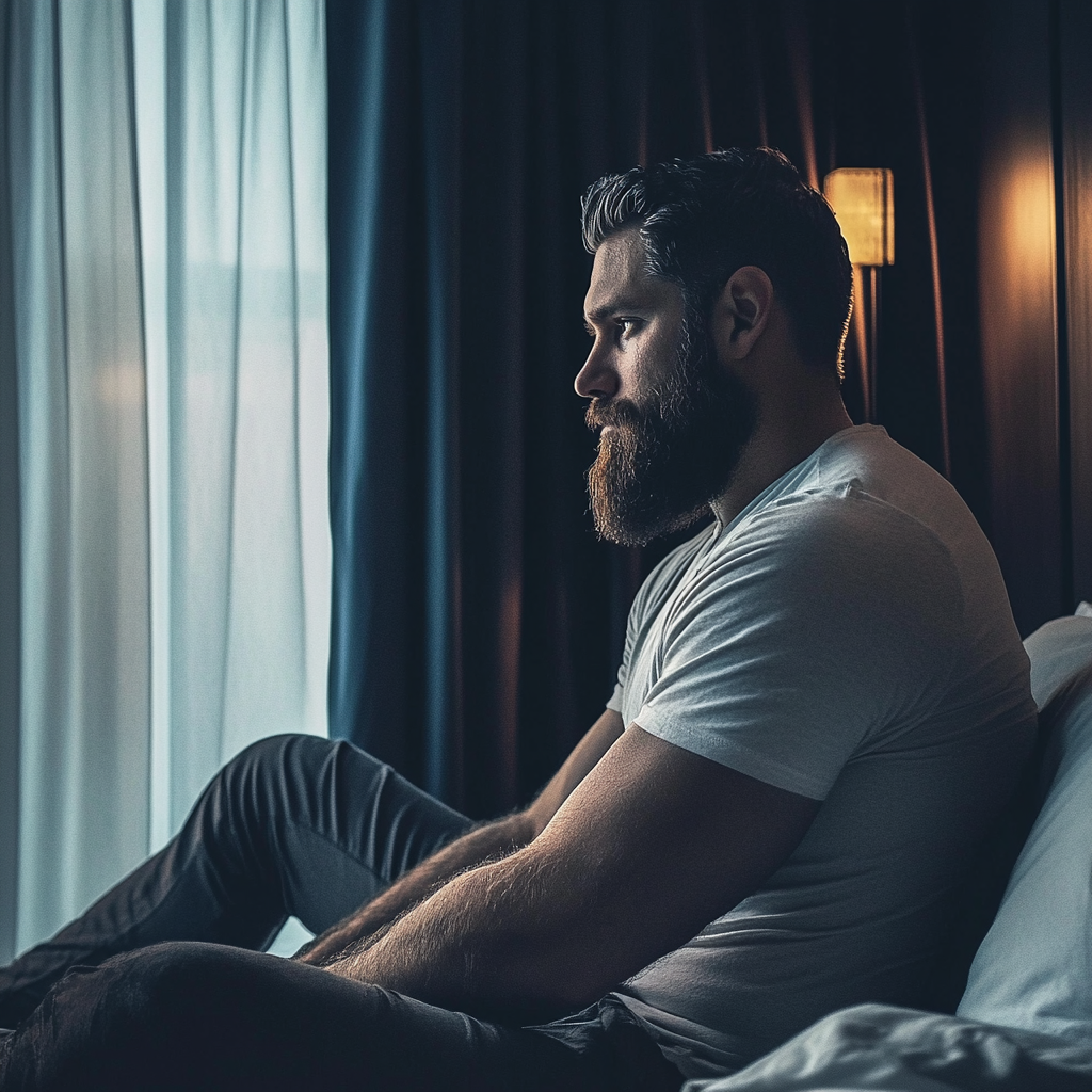 Zadowolony z siebie facet w pokoju hotelowym | Źródło: Midjourney