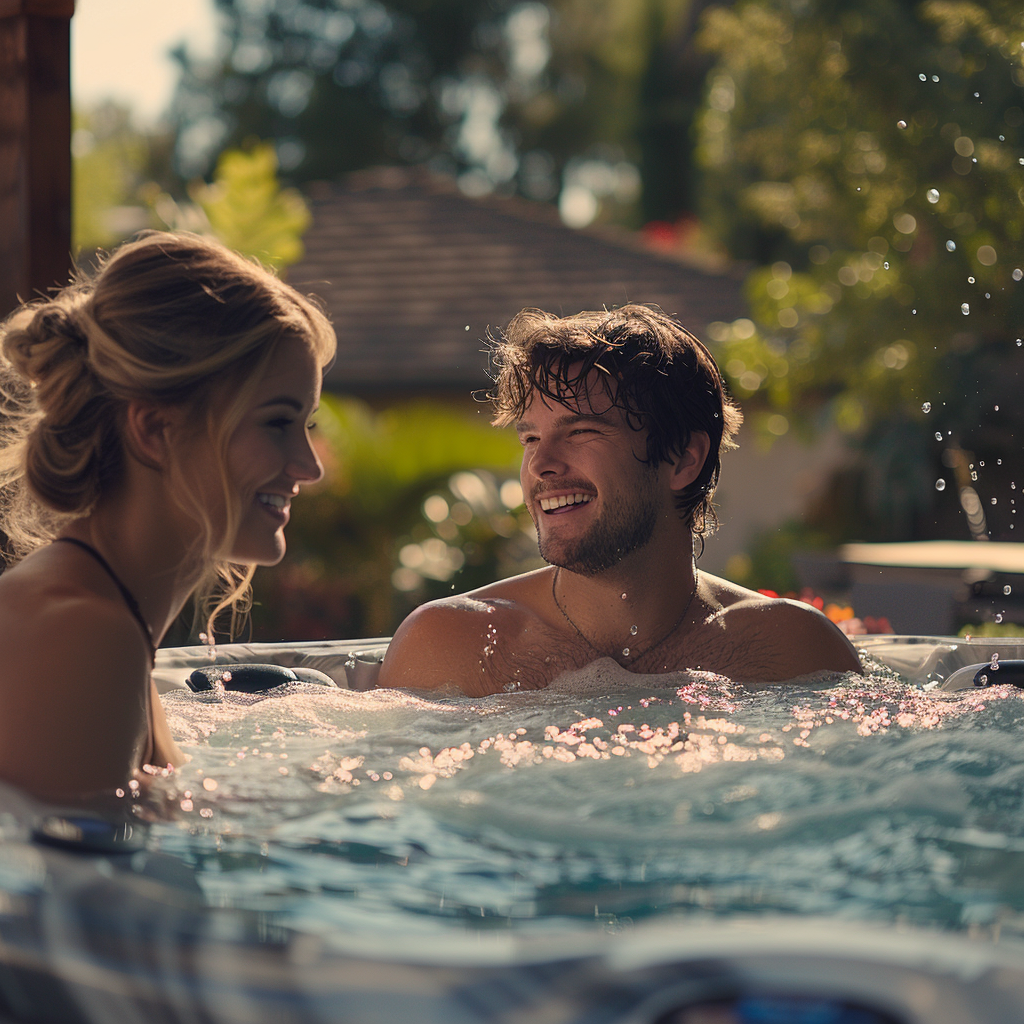 Szczęśliwa para relaksująca się w swojej wannie z hydromasażem | Źródło: Midjourney