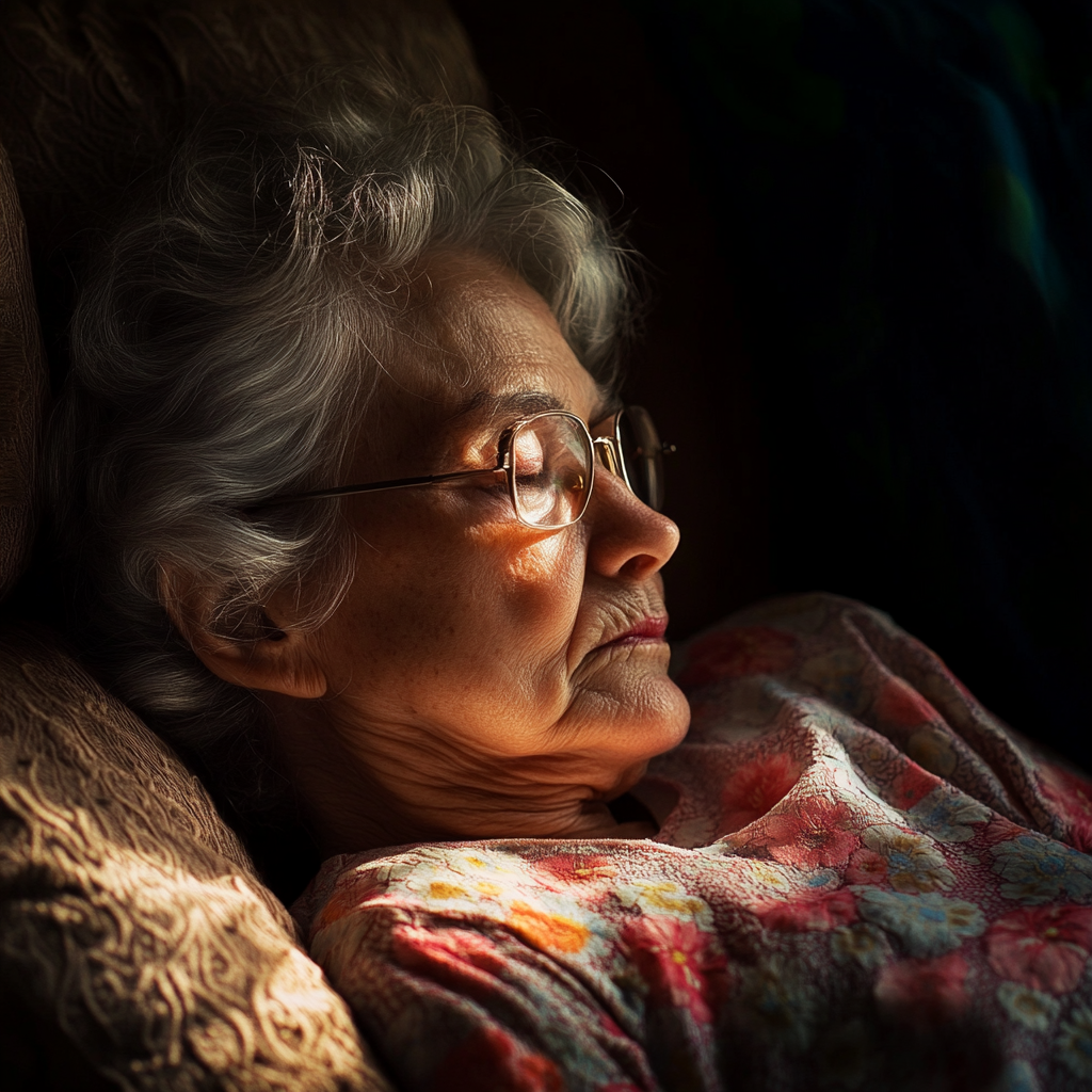 Chora seniorka odpoczywająca w łóżku | Źródło: Midjourney