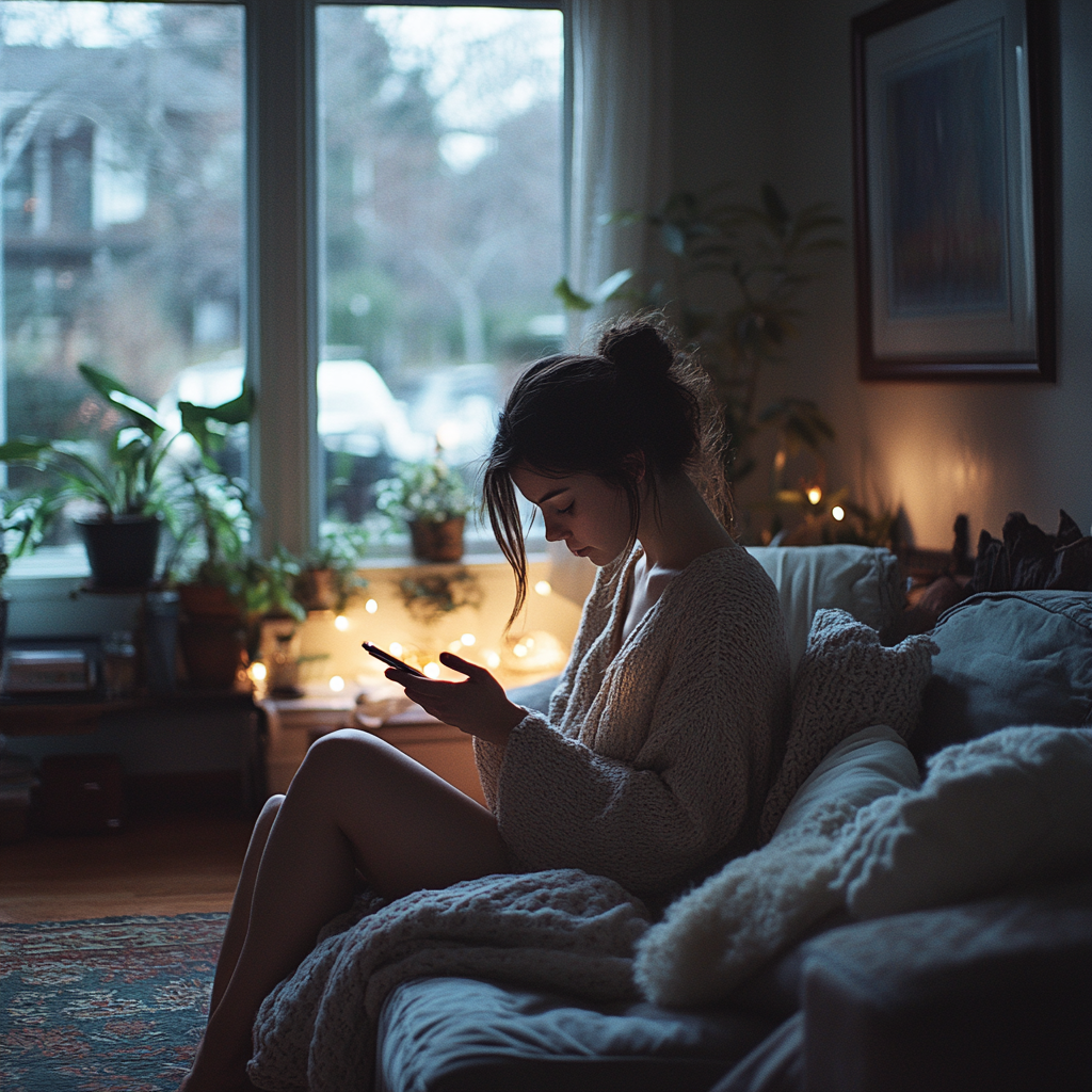 Zmartwiona kobieta wysyłająca SMS-a | Źródło: Midjourney