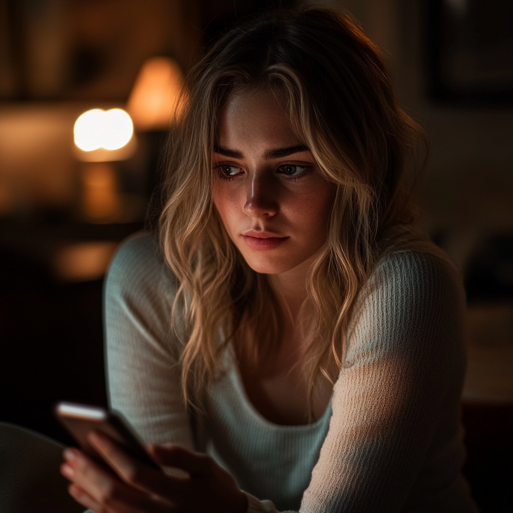 Kobieta pogrążona w myślach, trzymająca telefon komórkowy | Źródło: Midjourney